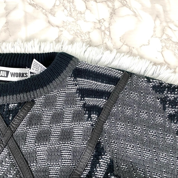 Vintage Urban Works 80s 90s Leather Trimmed Harlequin Knit Sweater EUC - Picture 8 of 13